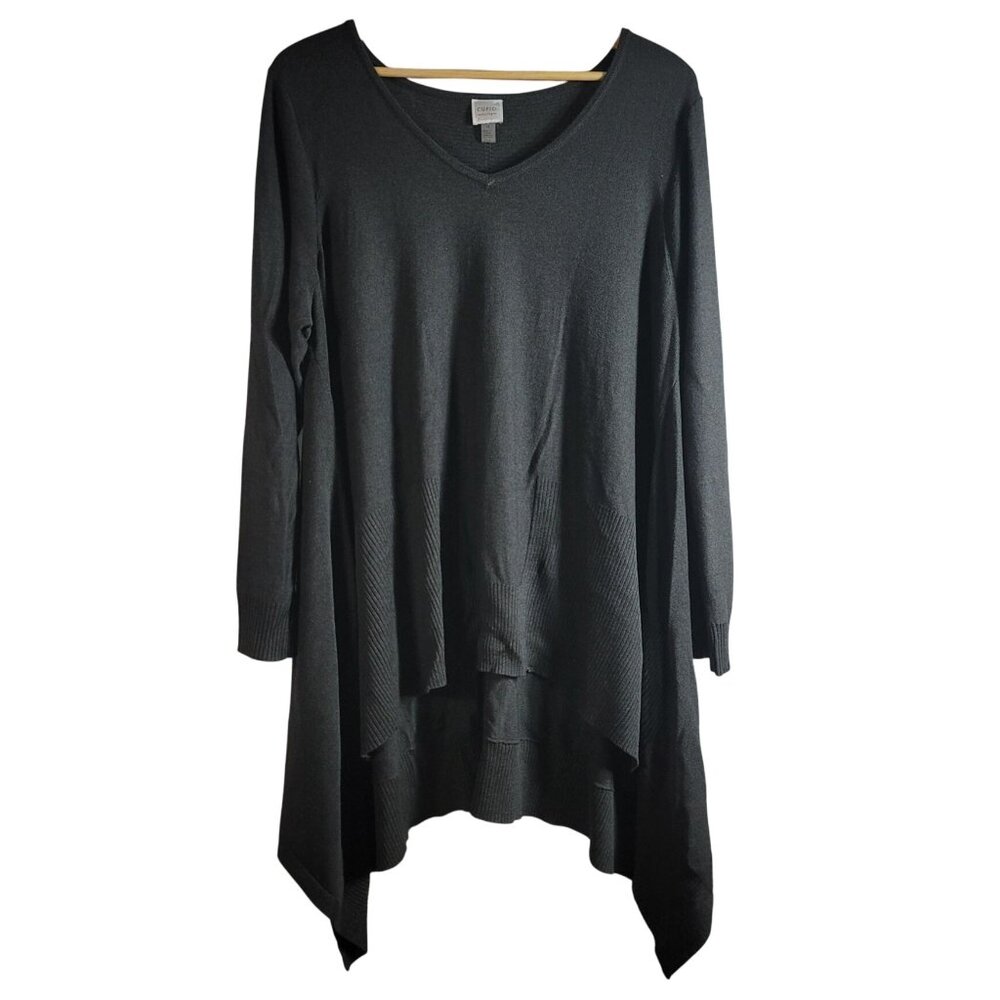 Cupio Curvy Tunic Sweater Gray 1X Long Sleeve Hi Low V Neck Pullover Semi-Sheer